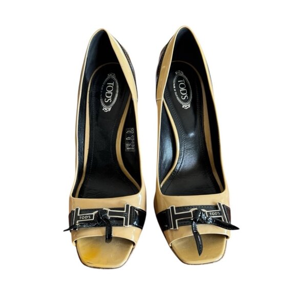TOD'S Women's Sz 37 US Sz 6.5 Tan & Black Patent Leather Peep Toe Heels - Picture 2 of 15
